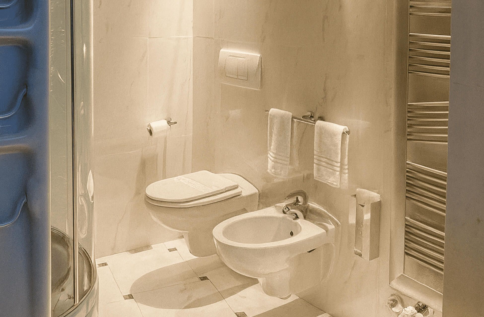 Bagno rivestito in marmo chiaro con doccia angolare, wc, bidet e scaldasalviette verticale.