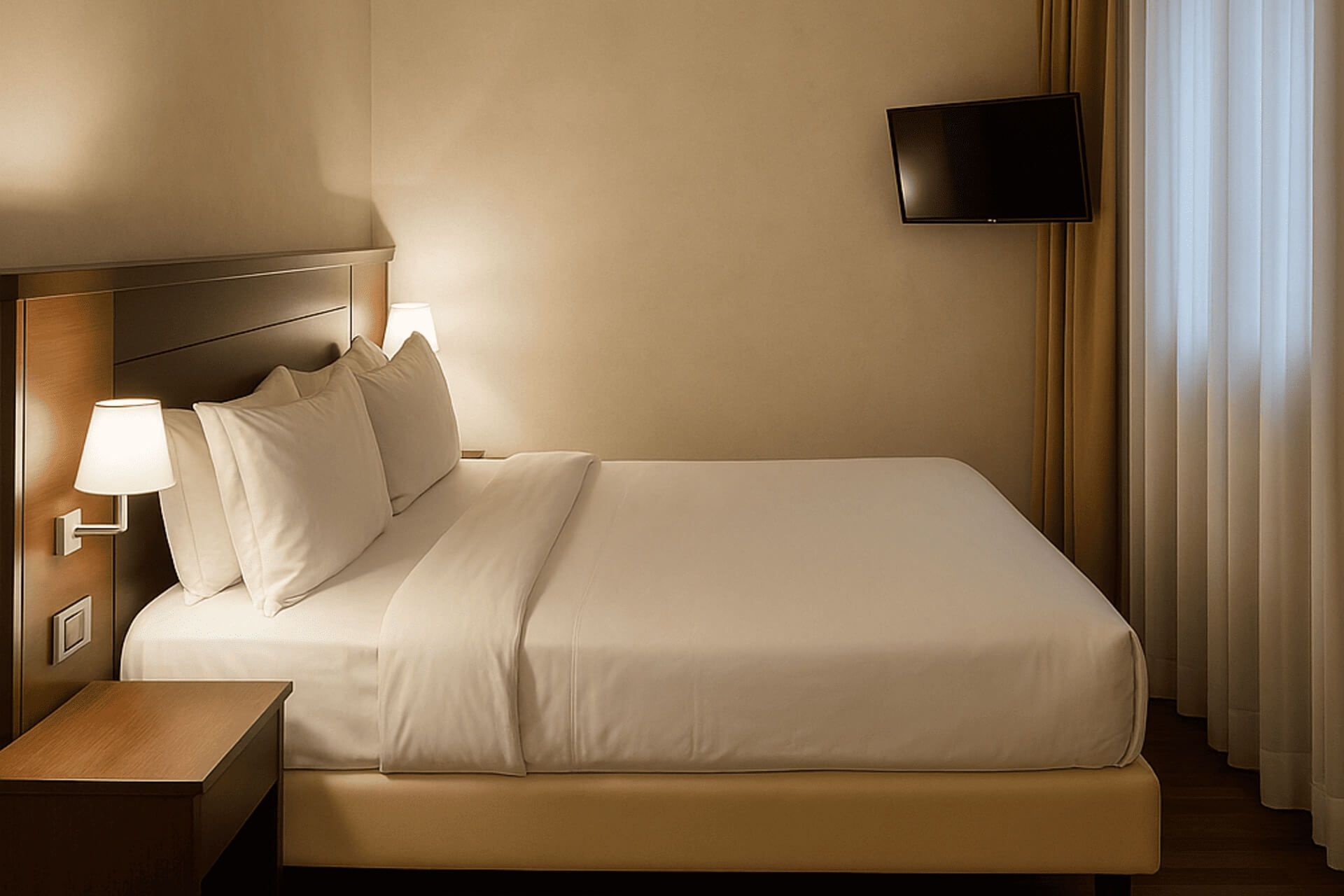 Letto matrimoniale in suite junior d’hotel, con testata in legno, comodino e lampade da parete, TV a schermo piatto e finestra con tende chiare sullo sfondo.